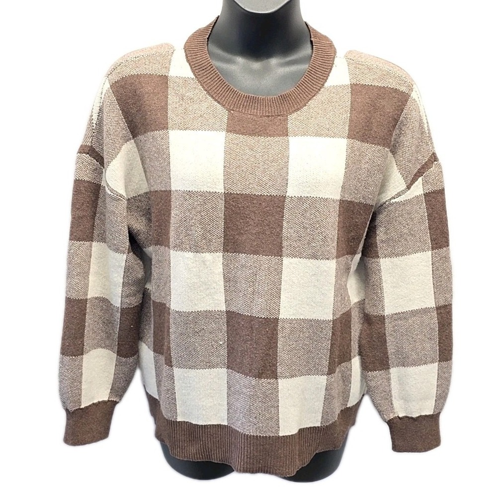 Maurices Sweater Womens XL Brown Buffalo Plaid Crew Neck Relaxed Knit Pullover